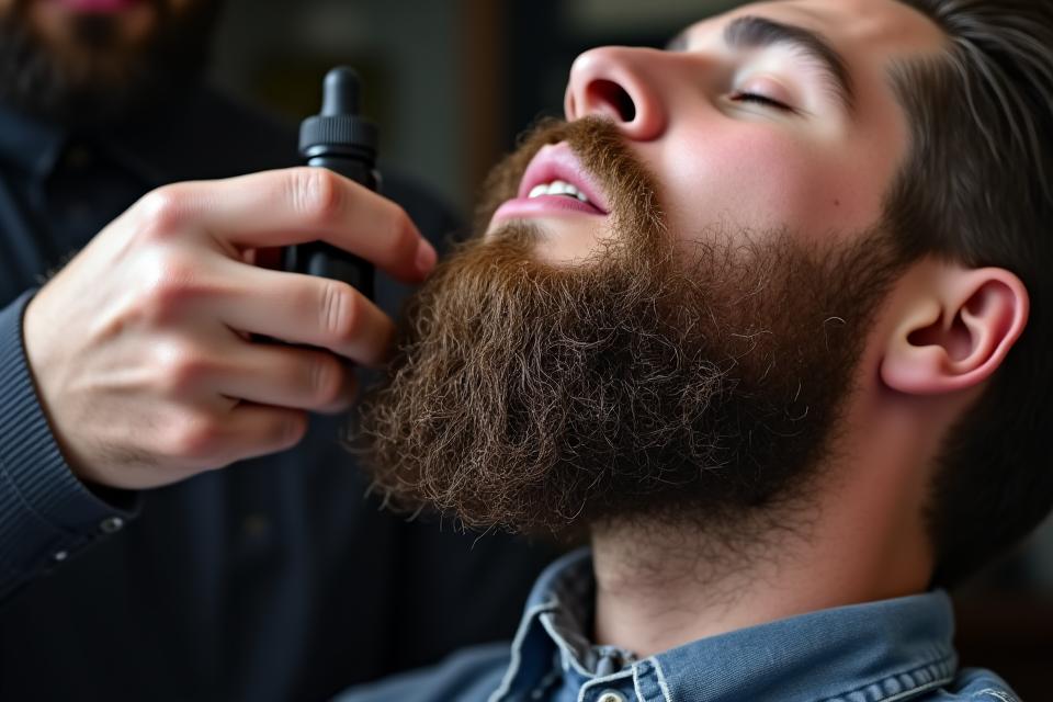 Close-up of a barber applying nourishing beard oil to a client's beard, demonstrating a gentle and expert approach.